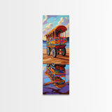 Wagon Reflection, Beach Vibrant, Framed Canvas Print, Colorful bohemian coastal art, living room decor, whimsical wall painting
