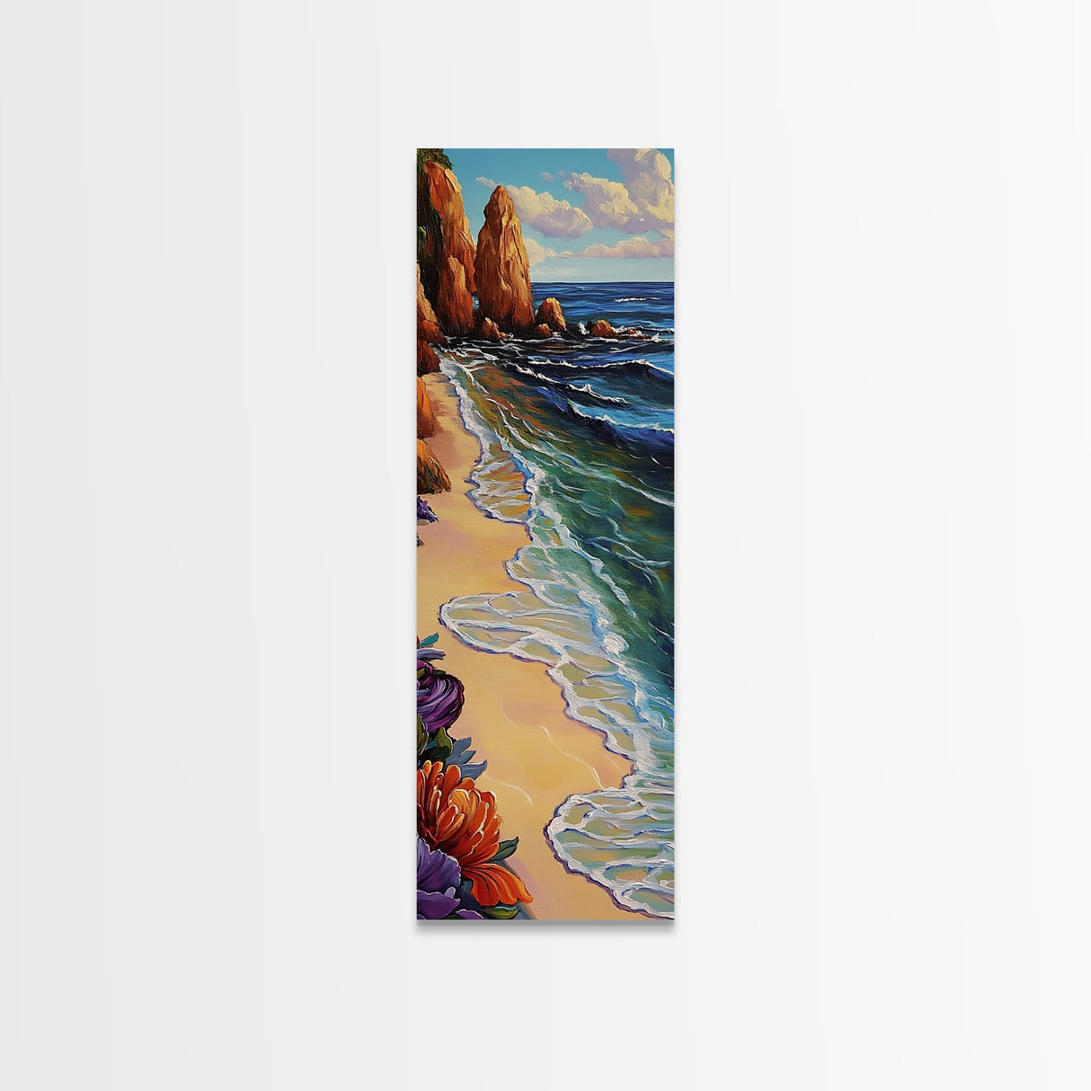 Shoreline Flowers, Ocean Tranquil, Framed Canvas Print, Coastal floral art, beach house decor, modern boho, bedroom wall art