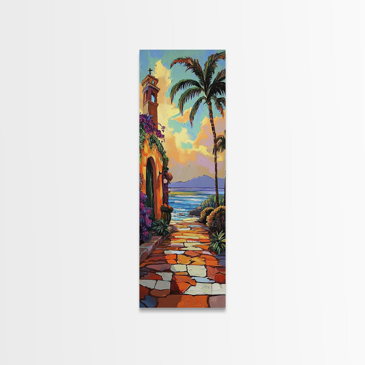 Seaside Church, Palms, Sunset - Framed Canvas Print, Mediterranean beach painting, boho villa wall art, living room or hallway accent piece