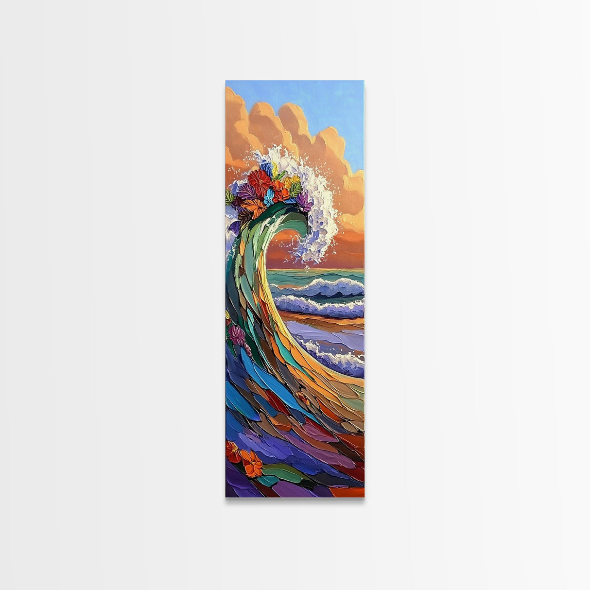 Wave Flowers, Ocean Motion, Canvas Print, Vibrant seascape wall art, tropical wave painting, boho coastal living room decor, sunset surf vibe