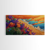 Beach Flowers, Sunset, Coastal Decor Canvas Print, Colorful Ocean Landscape, Tropical Boho Art, Living Room Beach Wall Art