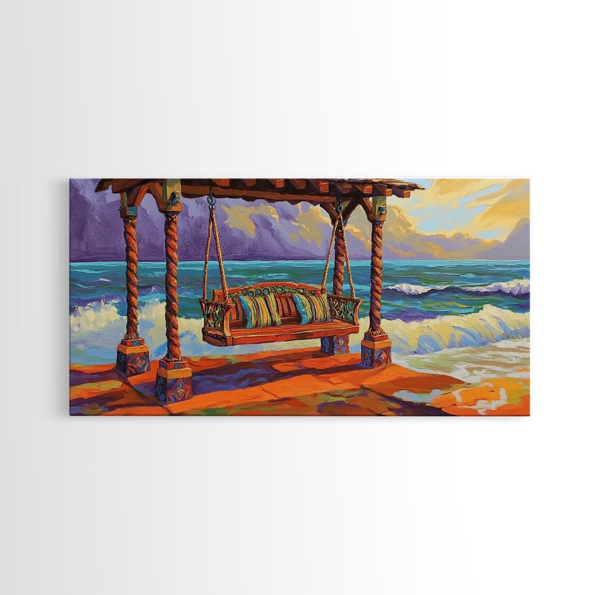 Swing Ocean, Sunset, Relaxing Coastal Art Canvas Print, Beach Swing Decor, Vibrant Seaside Living Room Wall Art, Boho Style