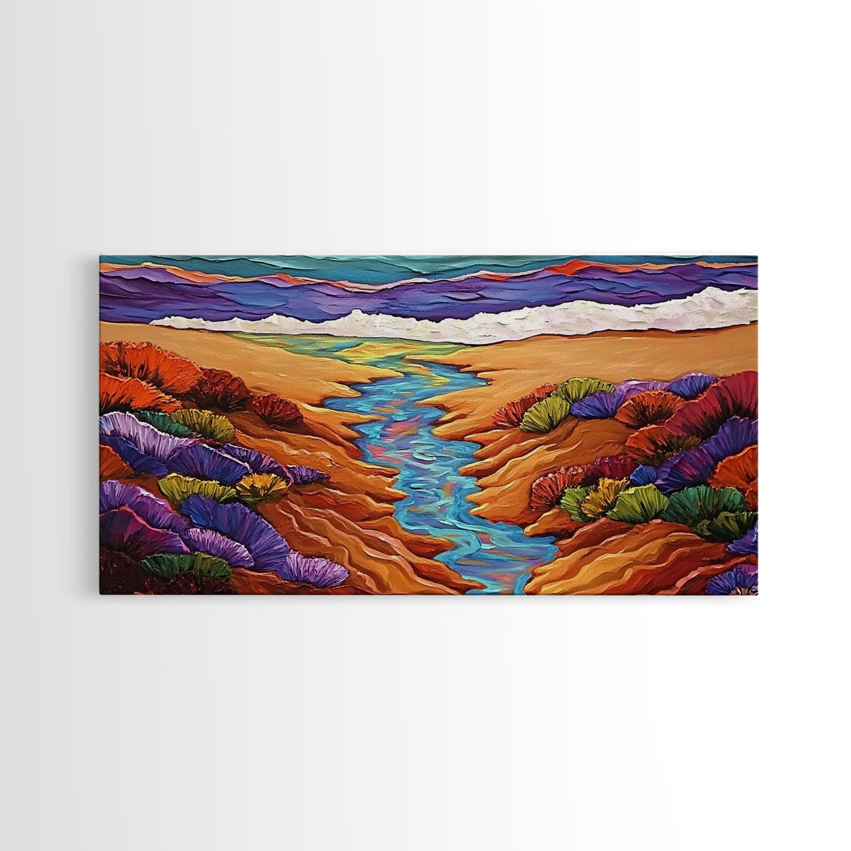 Stream Desert, Flowers, Vibrant Nature Canvas Print, Southwest Landscape Wall Decor, Autumn Living Room Boho Art Style