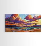 Colorful Sunset, Clouds, Mountains, Framed Canvas Print vibrant beach wall decor, sky and sea painting, boho art, coastal living room