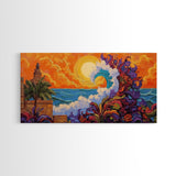 Ocean Wave, Sunset, Lighthouse, Framed Canvas Print vibrant coastal art, whimsical seascape painting, tropical decor, beach wall art