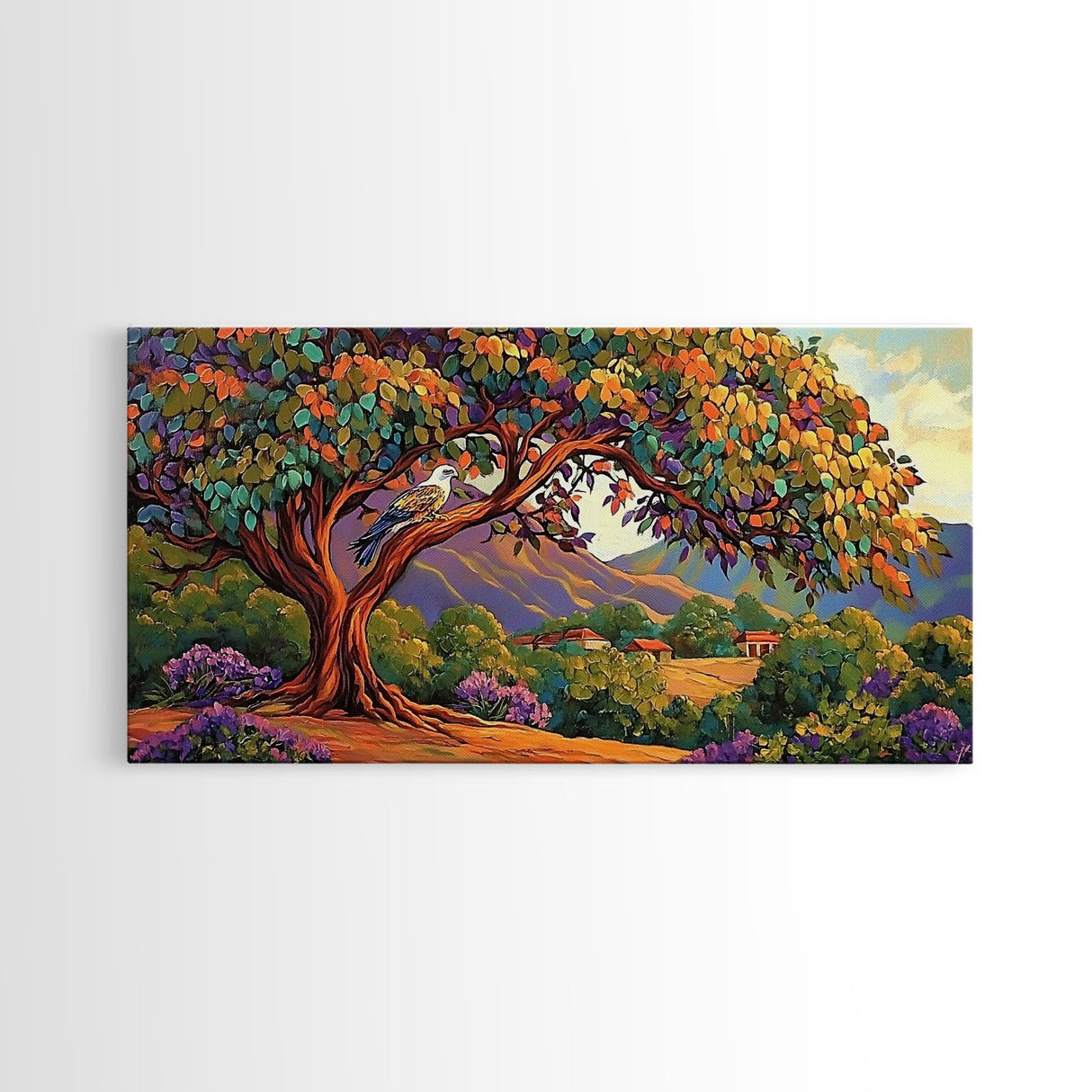 Tree Bird, Village, Sunset, Canvas Print autumn countryside art, peaceful nature wall painting, colorful landscape, farmhouse decor