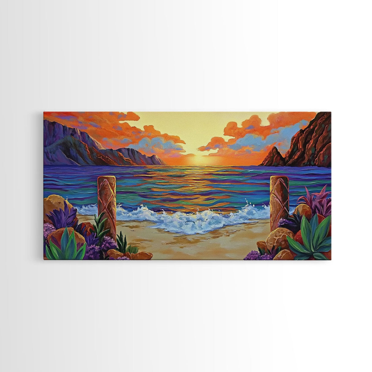 Sunset Beach, Waves, Colorful sunset beach seascape with waves and mountain view, Canvas Print, tropical coastal wall decor