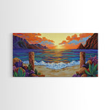 Sunset Beach, Waves, Colorful sunset beach seascape with waves and mountain view, Canvas Print, tropical coastal wall decor