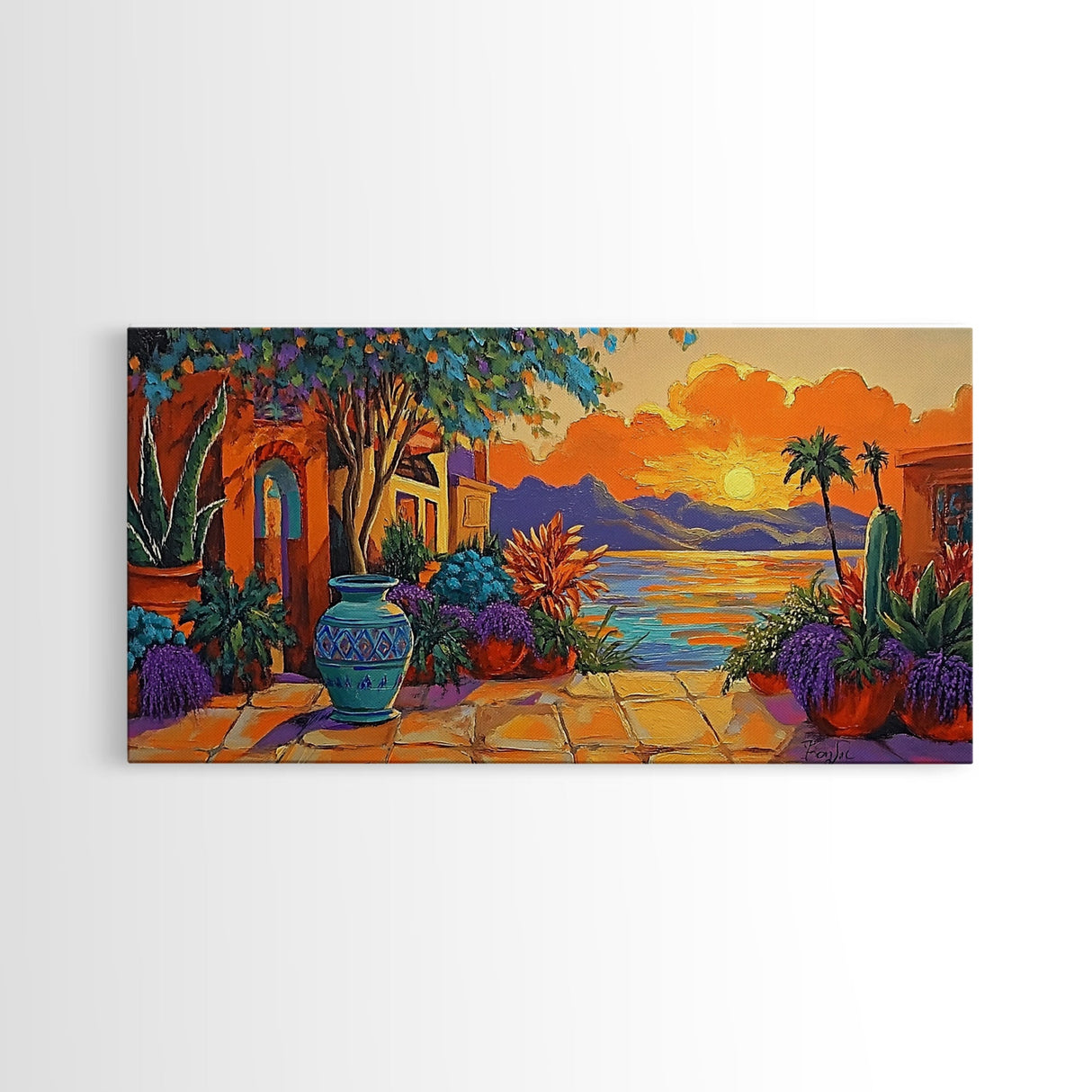 Sunset Courtyard, View, Vibrant sunset courtyard scene with ocean and mountain backdrop, Framed Canvas Print, kitchen wall art