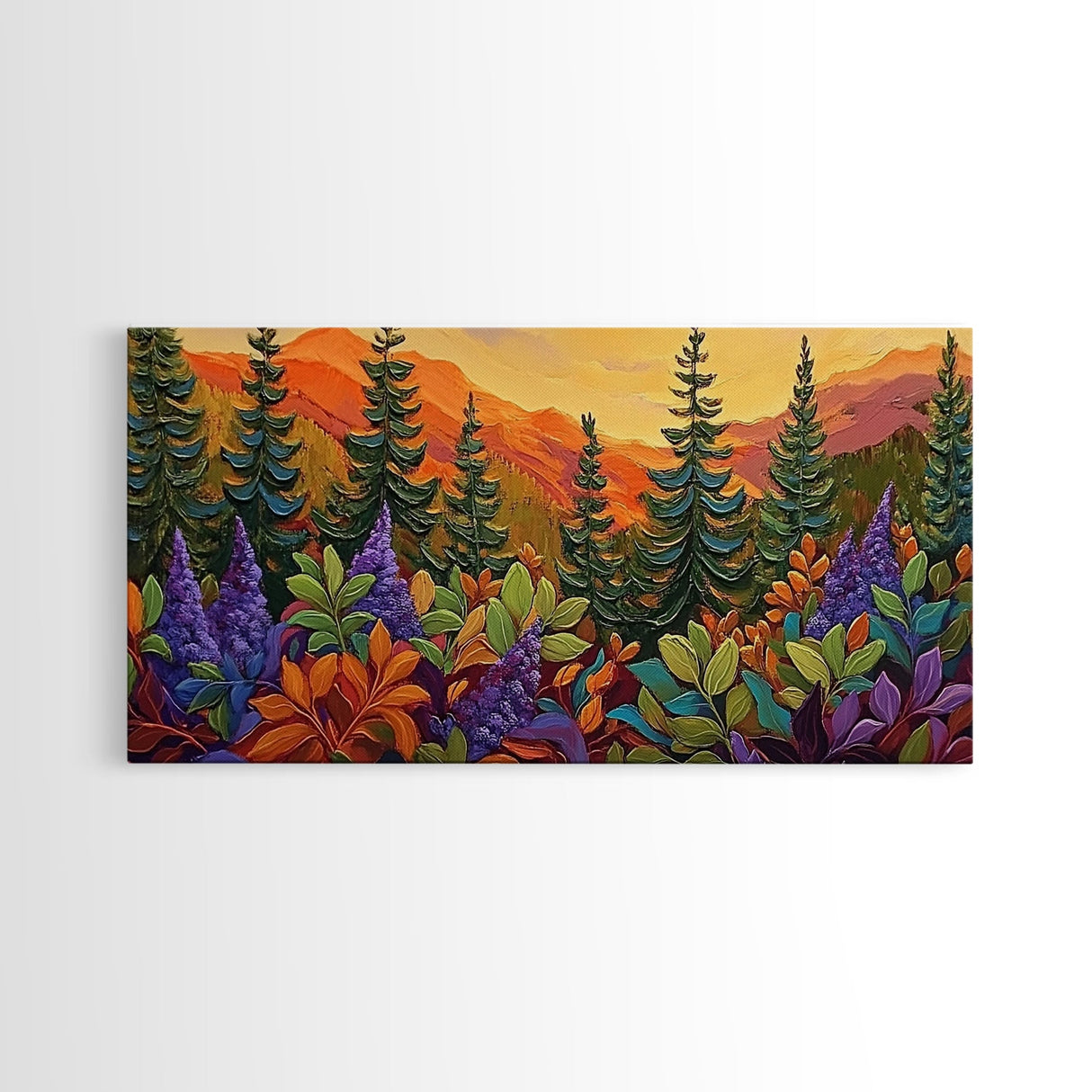 Fall Forest, Pines, Vibrant autumn forest painting with pine trees and colorful foliage, Canvas Print, Fall living room wall art