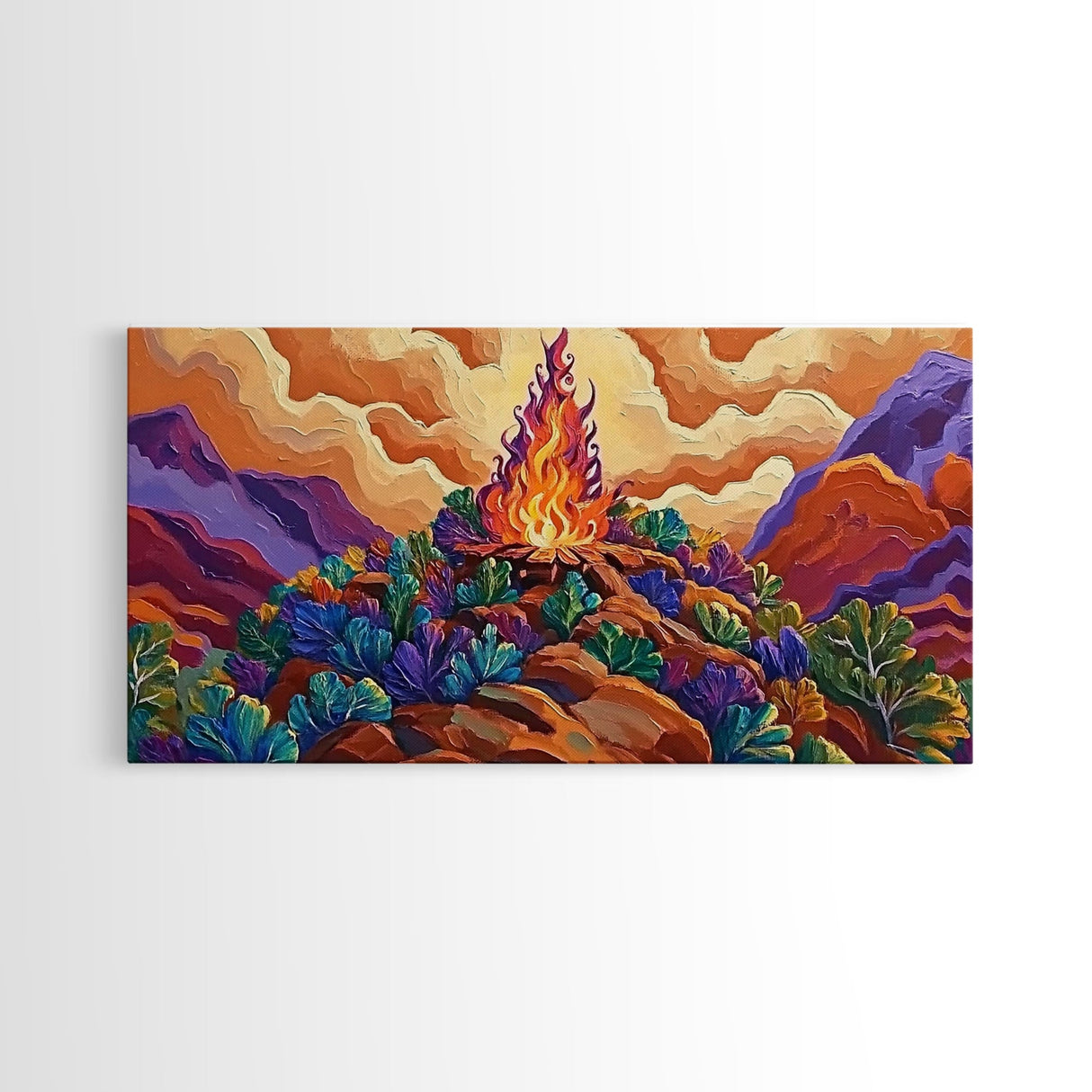 Campfire, Mountains, Glow, Vibrant campfire scene with colorful mountains and plants, Framed Canvas Print, rustic cabin wall art