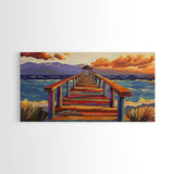 Pier Ocean, Sunset, Vibrant sunset over colorful pier walkway into the sea, Framed Canvas Print, coastal living decor