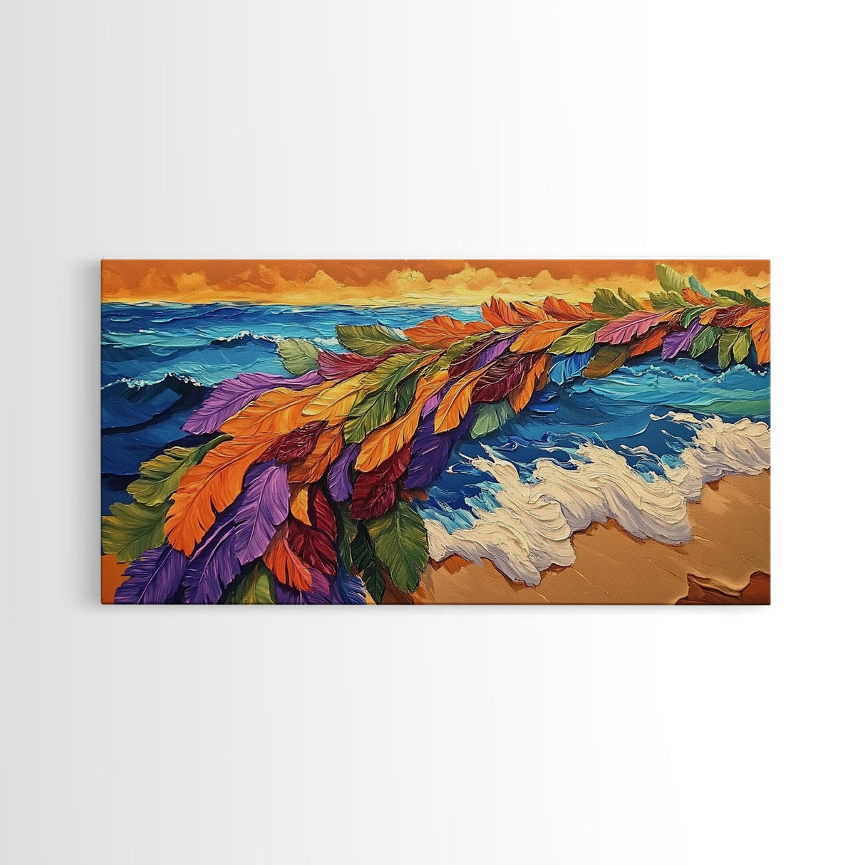 Feathers, Ocean, Sunset, Vibes, Framed Canvas Print, Bold beach decor, coastal boho wall art, tropical living room statement piece