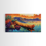 Driftwood, Water, Mountains, Nature, Framed Canvas Print, Scenic log lake art, cabin lodge vibes, peaceful living room wall decor