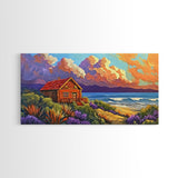 Cabin by Ocean, Colorful Beach Sunset, Cloudy Sky Art, Canvas Print, Autumn Wall Decor, Cozy Living Room Art, Rustic Coastal Scene