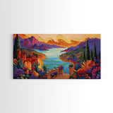 Fantasy Canyon View, Vibrant Mountain Art, Lakeside Sunset, Canvas Print, Mediterranean Decor, Dreamscape Wall Art, Nature Painting