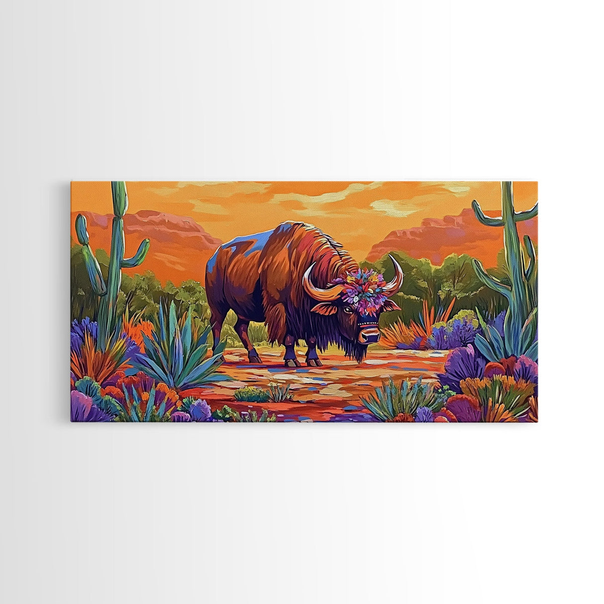 Buffalo Desert, Flowers, Canvas Print, Western buffalo art, colorful desert scene, ranch decor, Office Wall Art, Autumn Wall Art