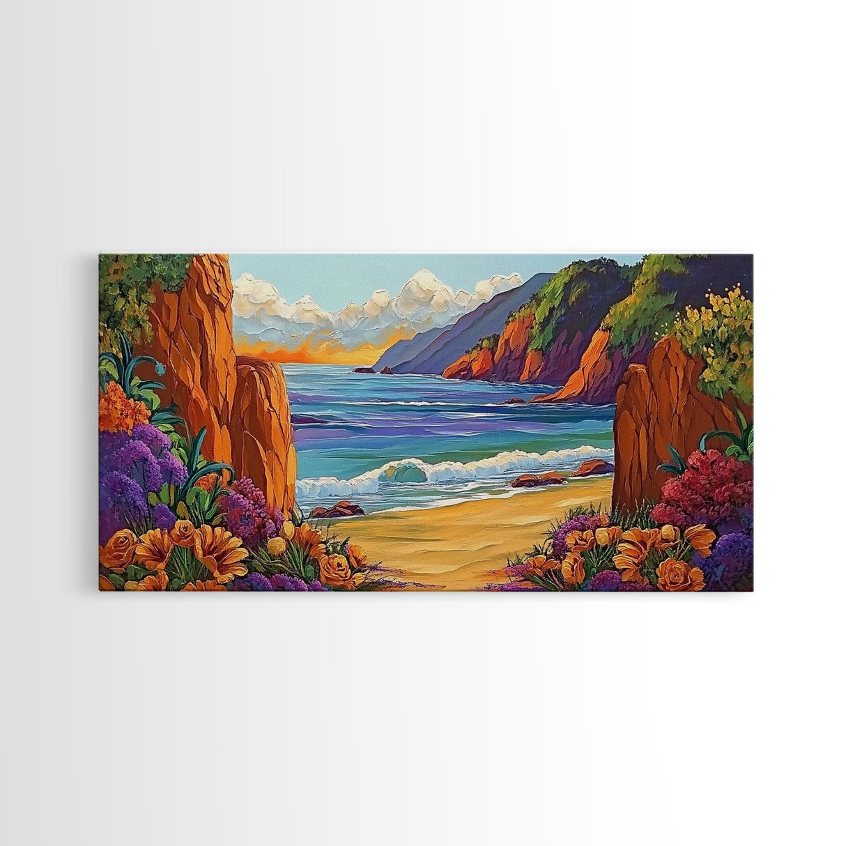 Ocean Cliffside, Flowers, Canvas Print, Colorful beachscape painting, Bathroom Wall Art, vibrant coastal decor,beach flower wall art