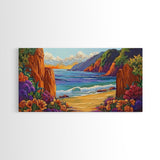Ocean Cliffside, Flowers, Canvas Print, Colorful beachscape painting, Bathroom Wall Art, vibrant coastal decor,beach flower wall art