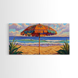 Umbrella Beach, Ocean, Framed Canvas Print, Colorful Beach Umbrella Painting, Retro Coastal Wall Decor, Summer Kitchen Art
