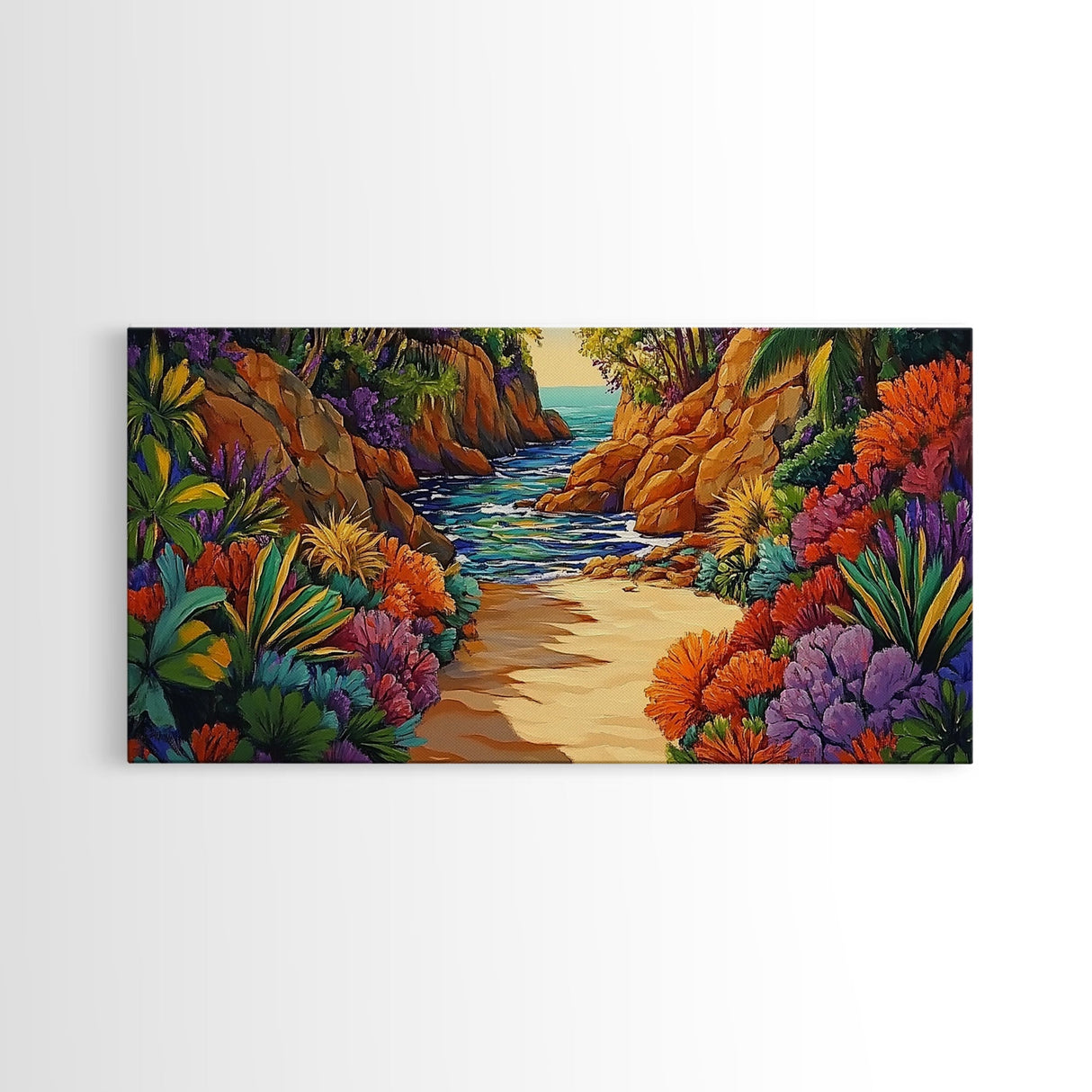 Jungle Cove, Bright, Canvas Print, Lush tropical jungle path to sea, Dining Room Wall Art, nature artwork, bohemian coastal print