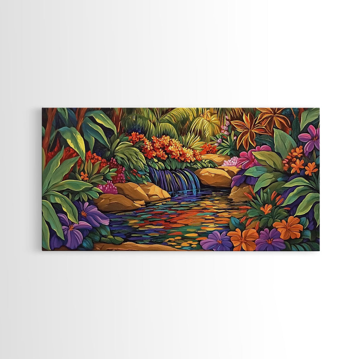 Jungle Waterfall, Floral, Vivid, Canvas Print, Botanical Wall Art, Tropical Home Decor, Boho Jungle Artwork, Bathroom Accent Piece