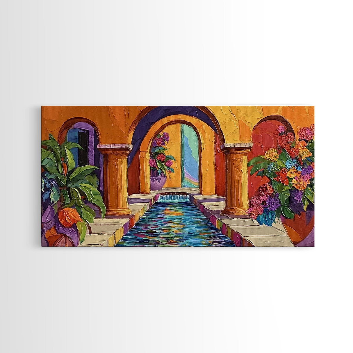 Courtyard Fountain, Colorful, Mediterranean, Framed Canvas Print, Spanish Style Art, Hallway Wall Decor, Bold Architecture Painting