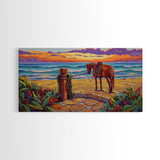 Horse Beach, Sunset, Western, Framed Canvas Print, Cowboy Art, Coastal Wall Decor, Rustic Boho Style, Entryway Statement Piece