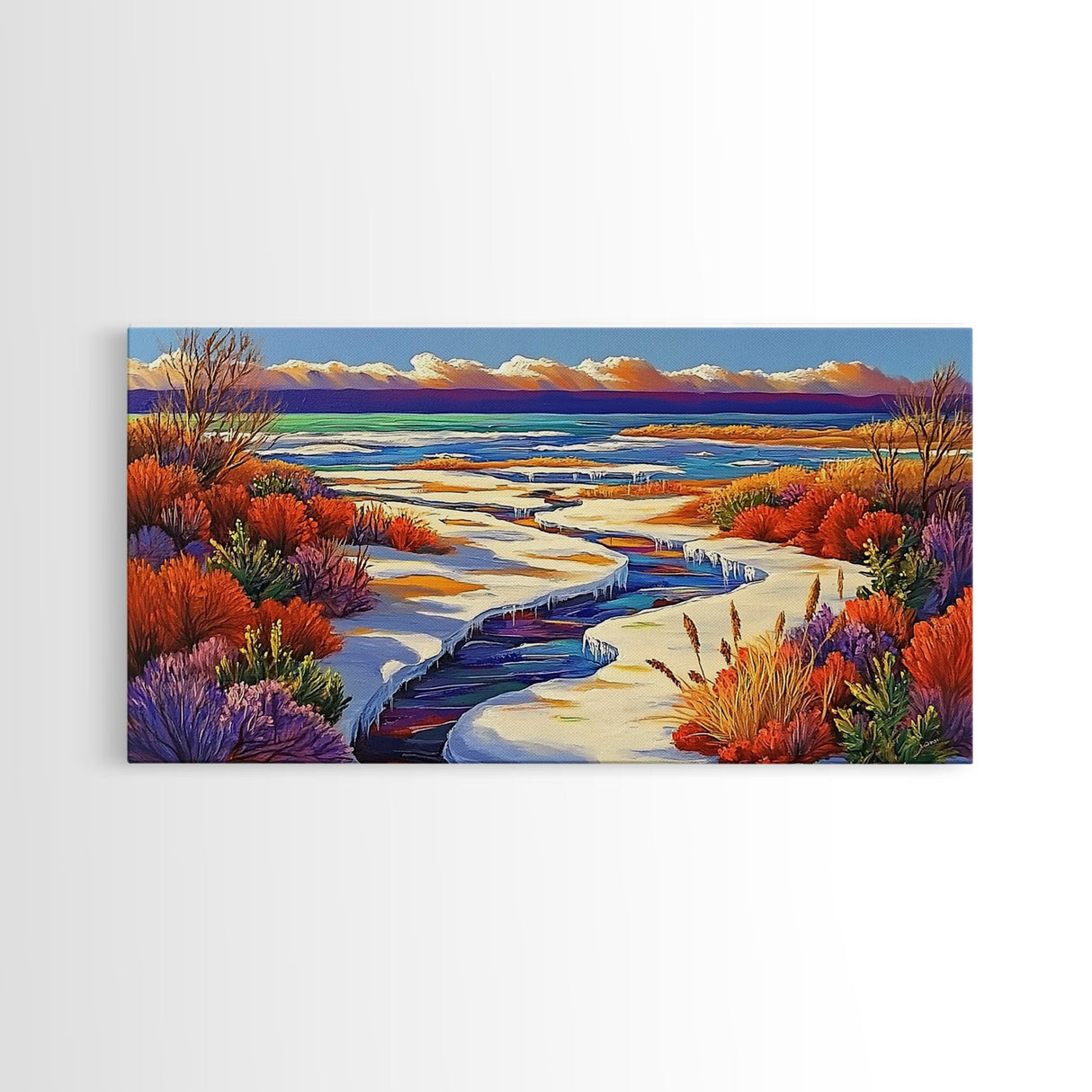 Winter River, Snow, Colorful, Framed Canvas Print, Winter Wonderland Art, Vibrant Seasonal Landscape, Cozy Cabin Wall Decor