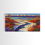 Winter River, Snow, Colorful, Framed Canvas Print, Winter Wonderland Art, Vibrant Seasonal Landscape, Cozy Cabin Wall Decor