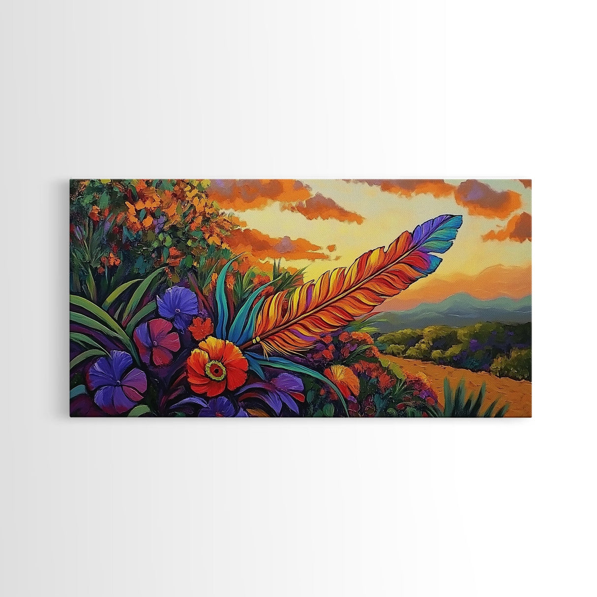 Feather Sunset, Flowers, Nature, Framed Canvas Print, Boho Feather Wall Art, Fall Home Decor, Living Room Autumn Art, Nature Painting
