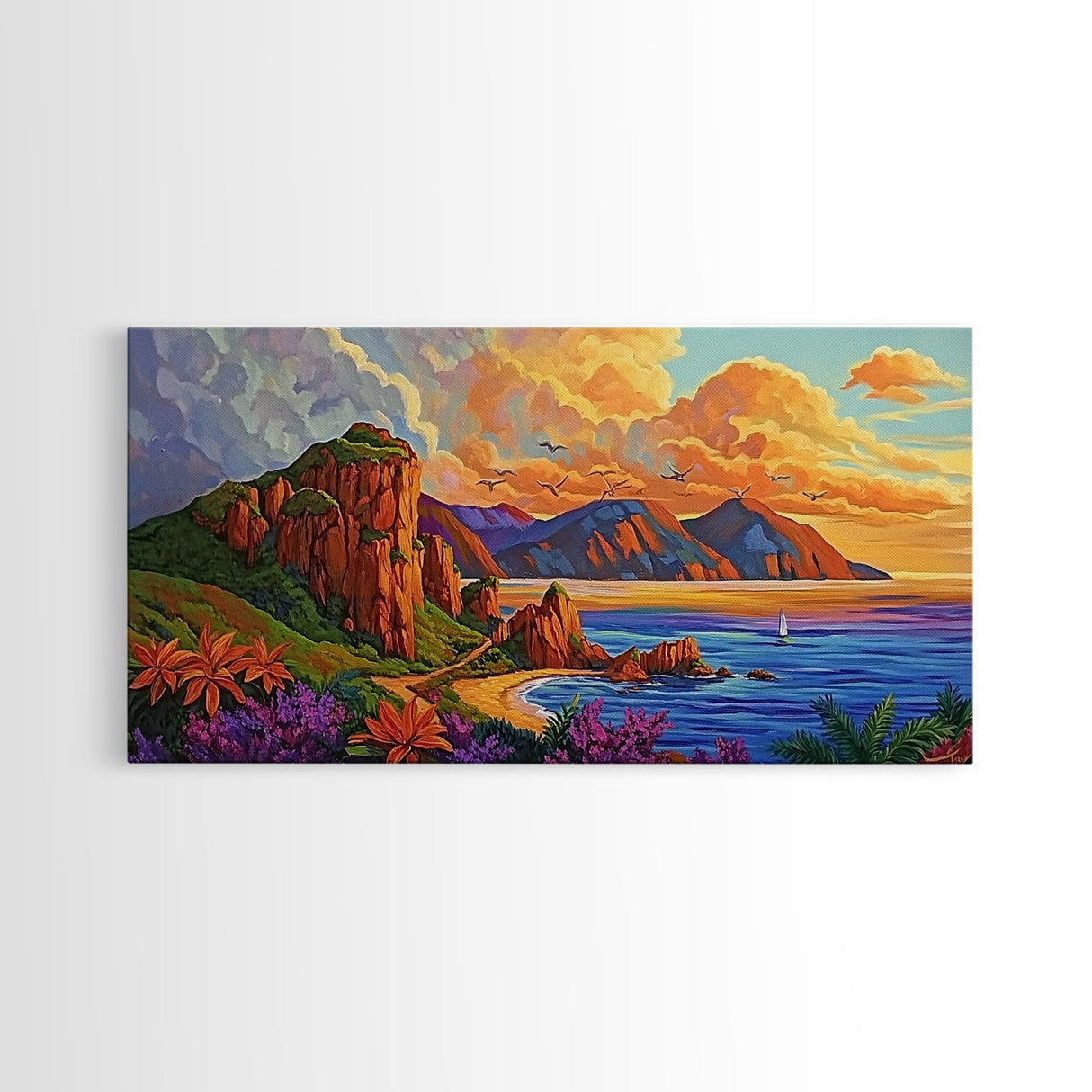 Coastline Mountains, Sunset, Landscape, Framed Canvas Print, Seascape Wall Art, Coastal Decor, Colorful Landscape, Living Room Beach Art