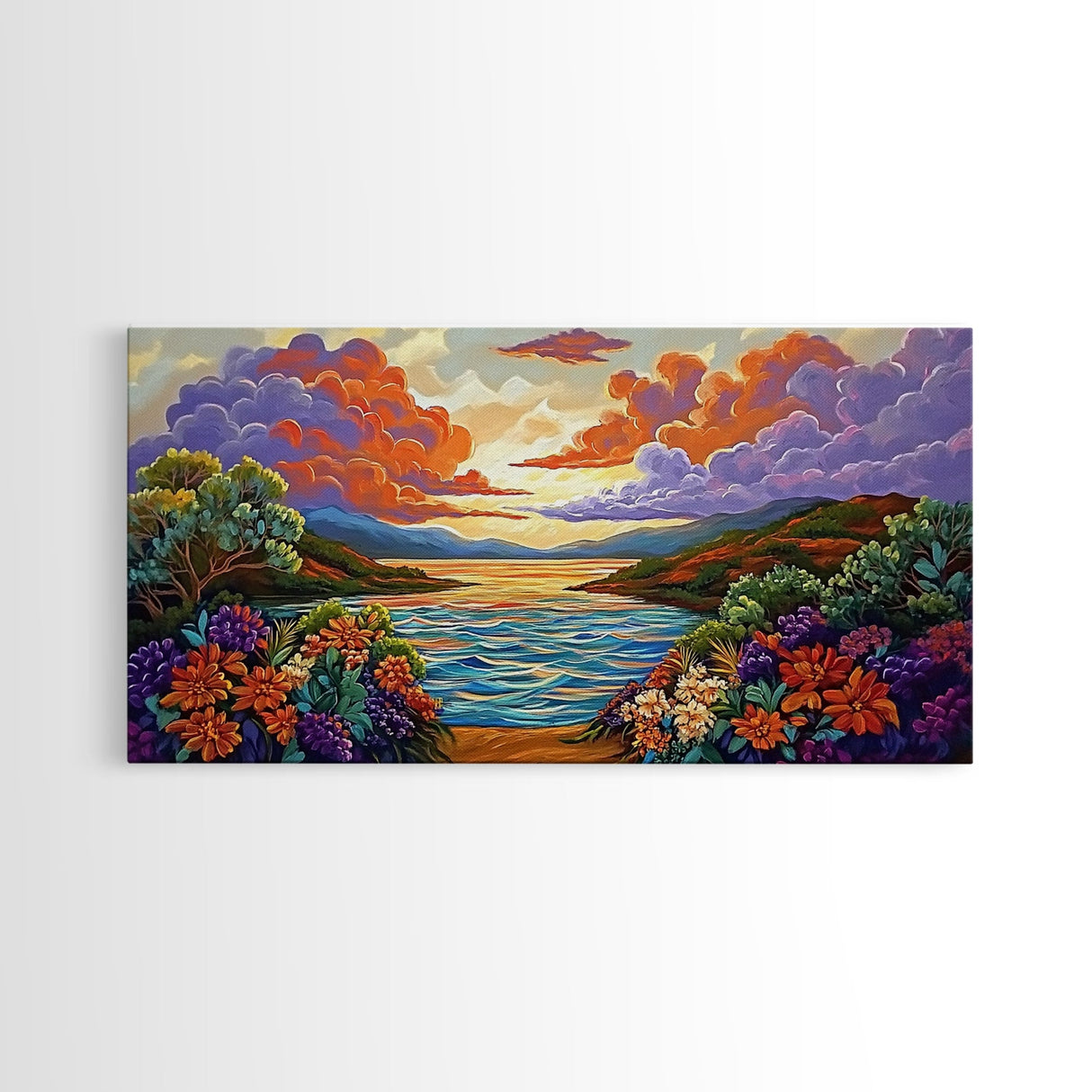 Sunset Floral, Lake, Garden, Framed Canvas Print, romantic nature painting, bedroom wall art, bright flower garden decor, sunset print