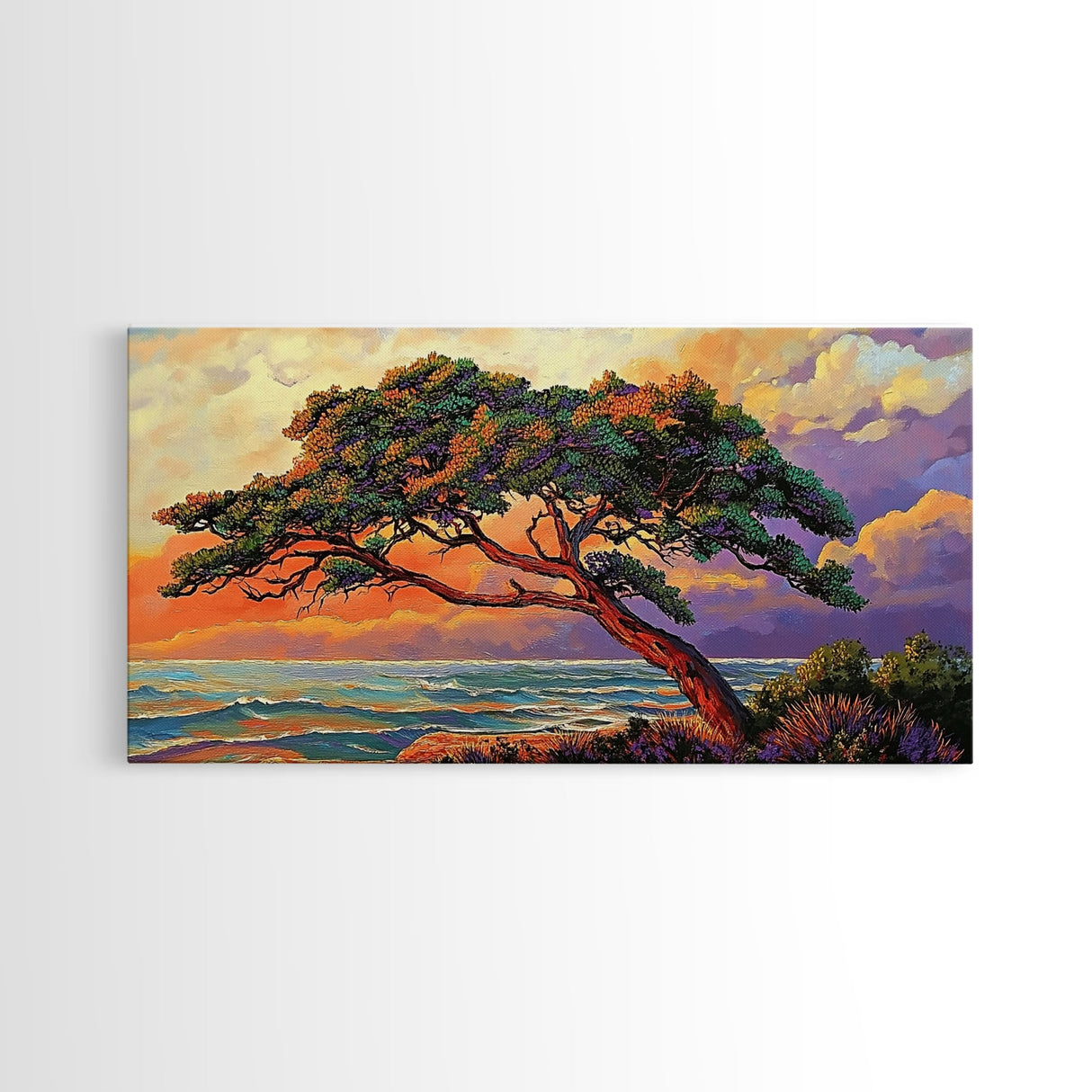 Tree Coast, Storm, Drama, Framed Canvas Print ocean pine tree artwork, landscape wall decor, moody nature art, living room accent