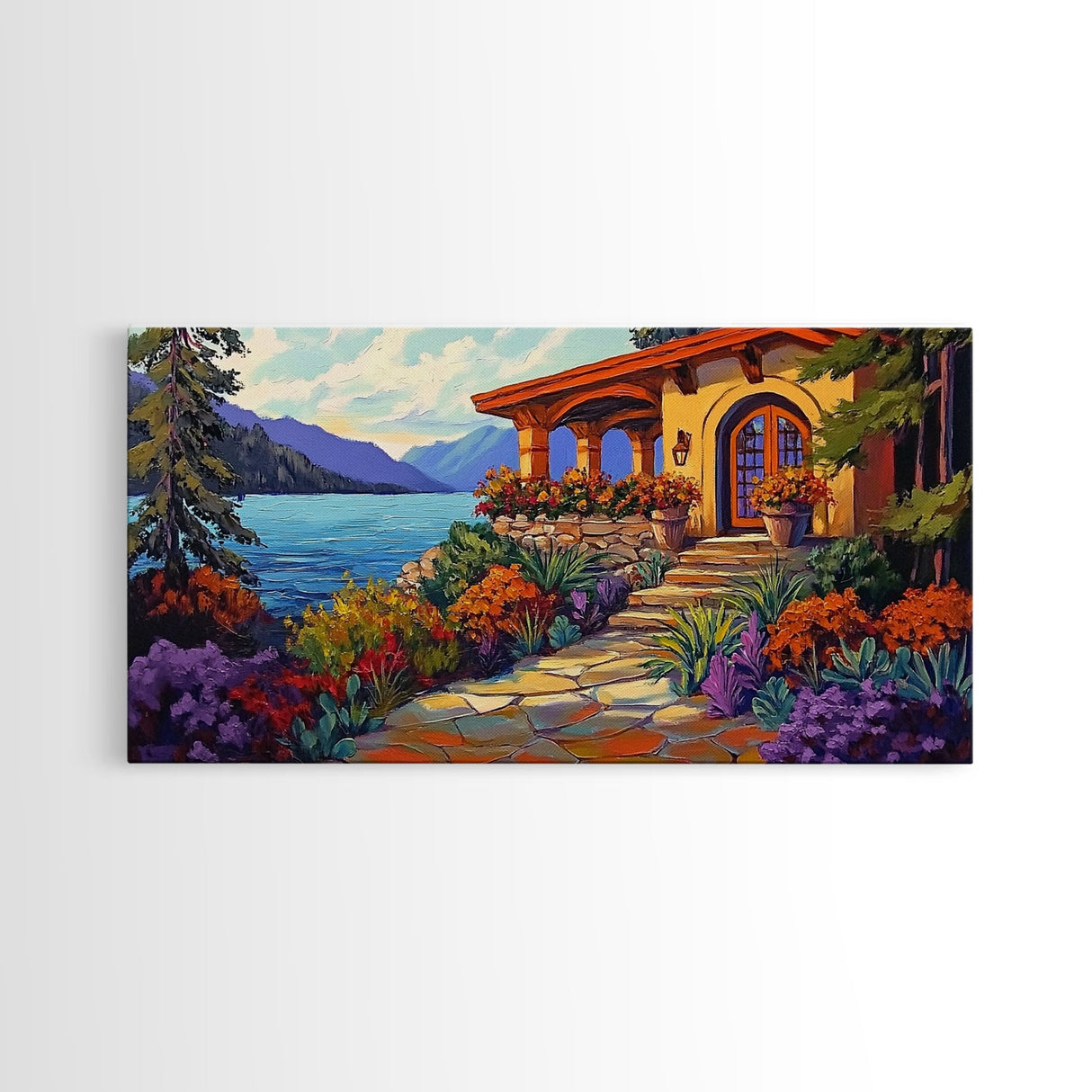 Lake Cabin, Garden, Pathway, Framed Canvas Print lakeside retreat artwork, rustic home wall art, cozy landscape scene, autumn print