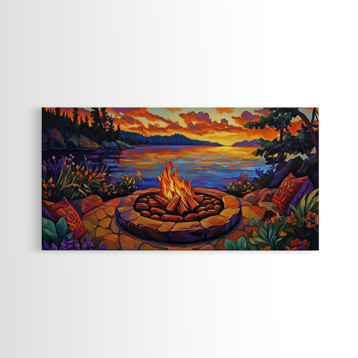 Firepit Sunset, Cozy, Night, Canvas Print warm evening campfire artwork, fall wall decor, lakeside cabin print, romantic outdoor setting