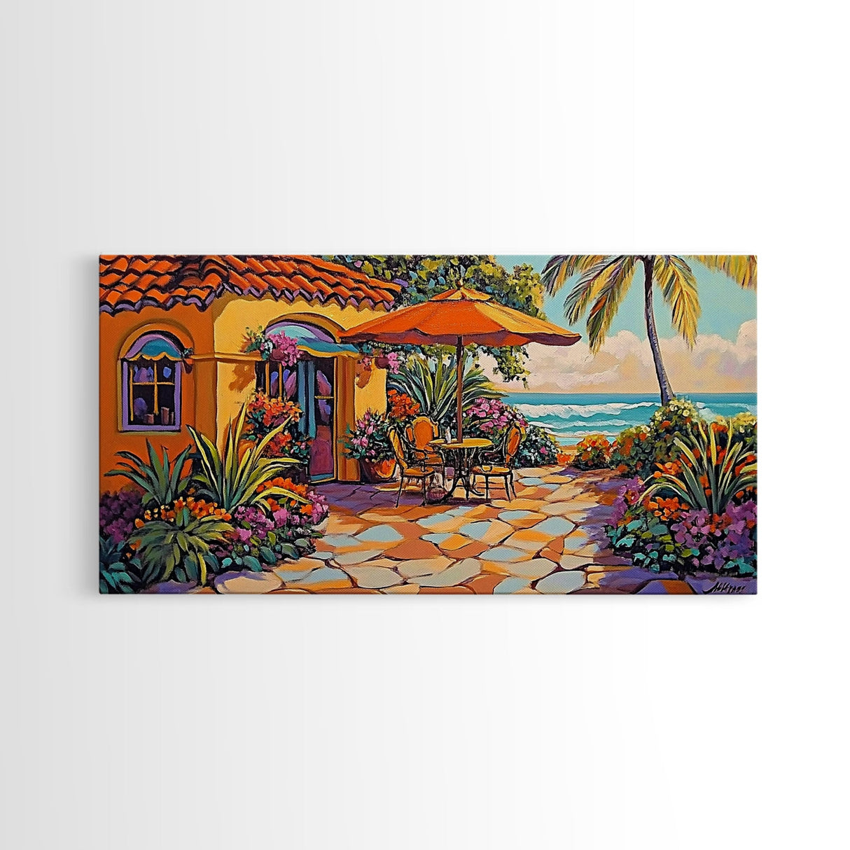 Patio Palm, Ocean, Framed Canvas Print, Tropical Patio Garden Scene, Warm Mediterranean Style Wall Decor,  Dining Room Art