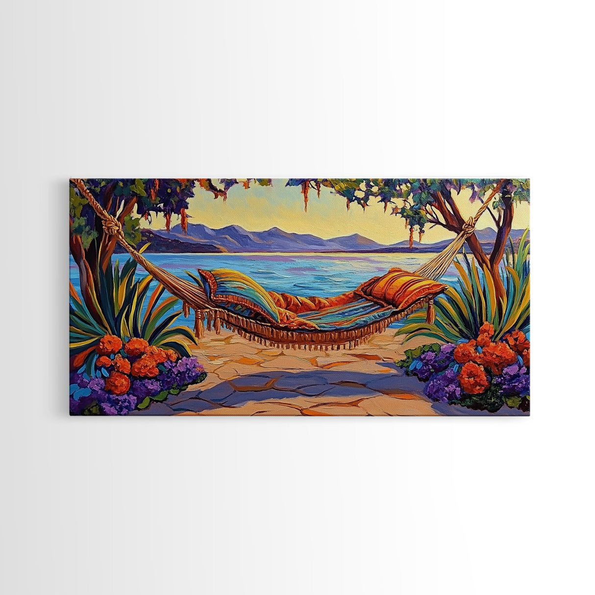 Hammock Lake, Relax, Peace, Framed Canvas Print tropical lakeside retreat artwork, relaxing boho bedroom art, beachy summer decor