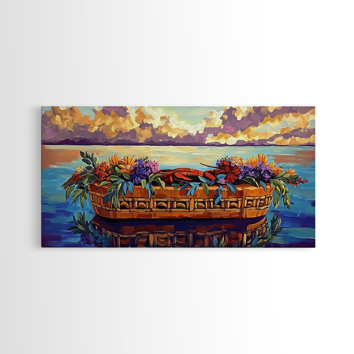 Lobster Basket, Florals, Coastal, Canvas Print, Nautical seafood kitchen wall art, whimsical ocean dining decor, coastal flower boho art