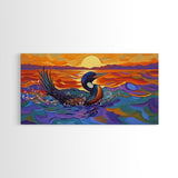 Sunset Loon, Splash, Painting, Framed Canvas Print lakehouse wall art, coastal bathroom decor, vibrant nature print, ocean artwork