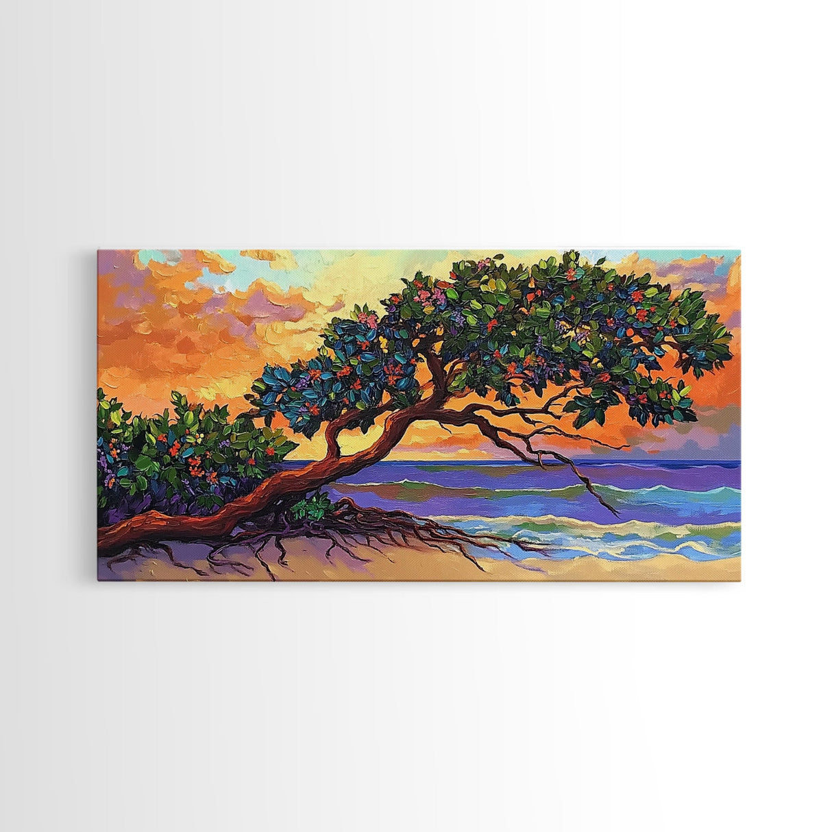 Tropical Tree, Beach, Sunset, Framed Canvas Print nature lover wall decor, boho coastal print, vibrant living room art, island art