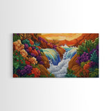 Sunset Waterfall, Vibrant Jungle, Tropical Landscape, Framed Canvas Print, Boho Wall Art, Bathroom or Bedroom Decor, Nature Painting