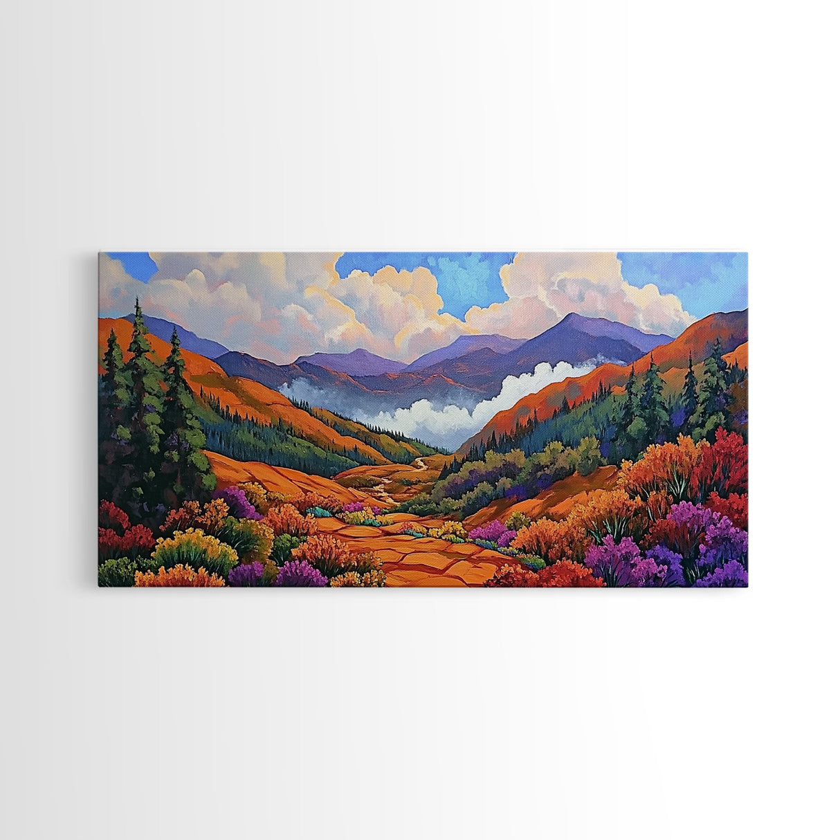 Mountain Valley, Wildflower Trail, Sunset Pathway, Canvas Print, Boho Wall Art, Bedroom or Hallway Decor, Vibrant Nature Painting