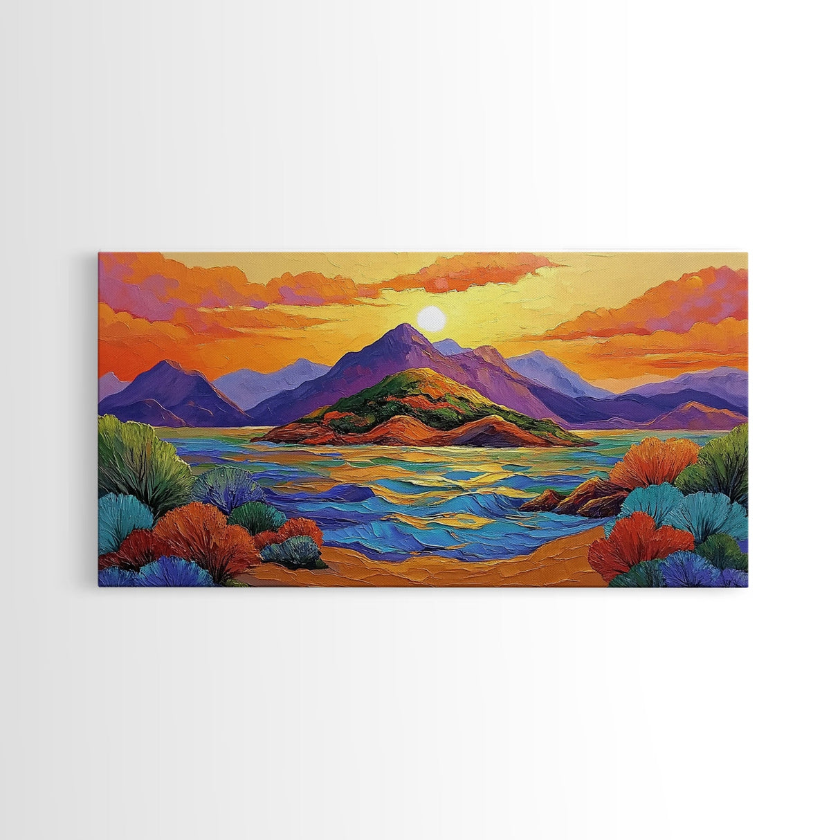 Island Sunset, Mountain Horizon, Ocean Glow, Framed Canvas Print, Bold Wall Art, Bedroom or Office Decor, Tropical Paradise Painting