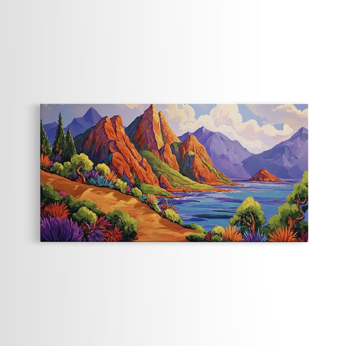 Coastal Cliffs, Tropical Shoreline, Sunset Mountains, Canvas Print, Boho Nature Wall Art, Office Decor, Landscape Painting