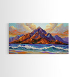Ocean Peak, Island Sunrise, Vibrant Mountain, Framed Canvas Print, Bold Coastal Art, Beach House Wall Decor, Sunset Vibes