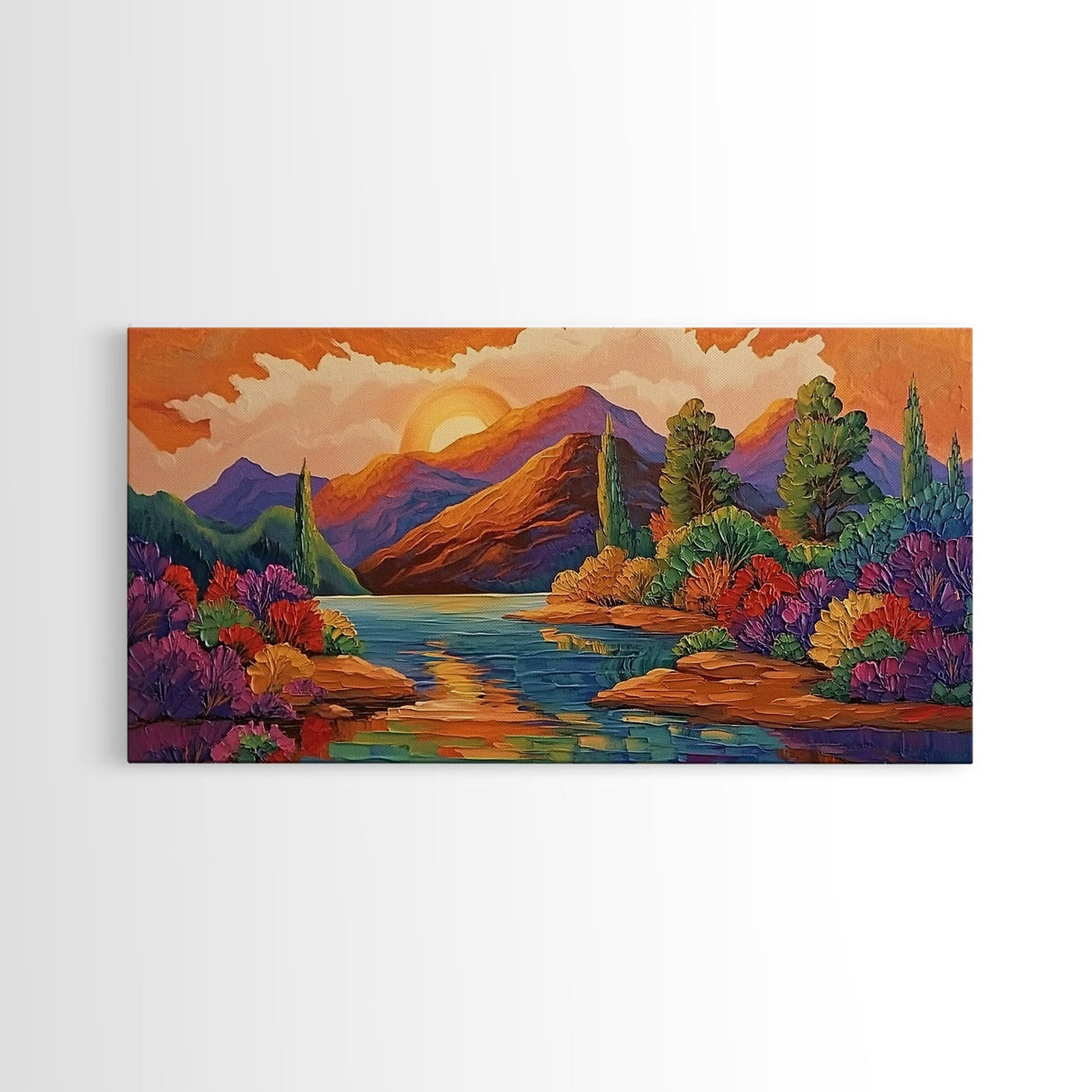 Sunset Lake, Autumn Trees, Mountain Reflections, Framed Canvas Print, Cozy Fall Wall Art, Bedroom Decor, Warm Landscape Painting