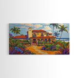 Tropical Villa, Palm Trees, Coastal, Framed Canvas Print, Spanish beach house art perfect Dining Room Wall Art or Vacation Home Decor