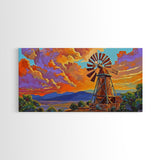 Rustic Windmill, Sunset, Country Sky, Canvas Print, Vibrant farmhouse scene perfect Fall Living Room Wall Art or Rustic Home Decor