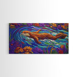Otter River, Flowers, Playful, Framed Canvas Print, whimsical animal wall art, nursery decor, boho kids room artwork, cheerful vibe